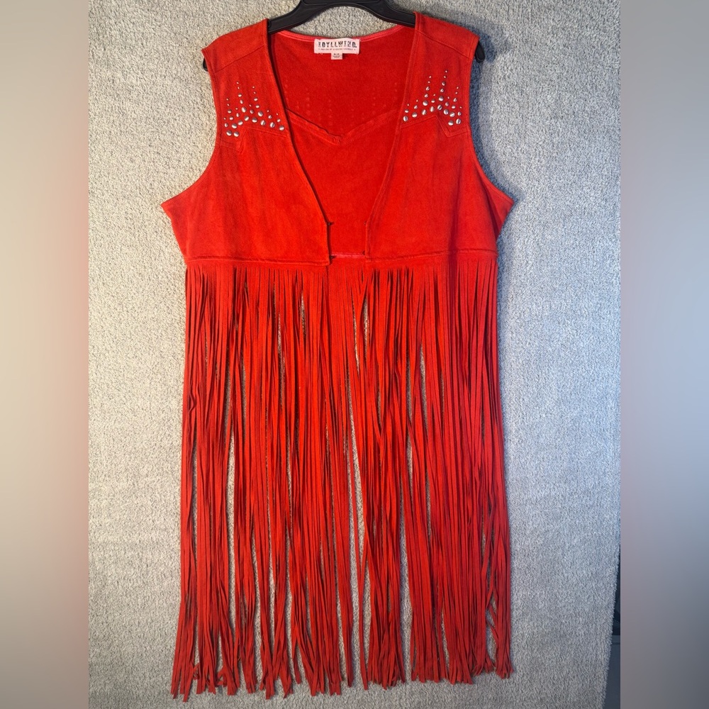 Idyllwind Small V Neck Suede Fringe Bold Red Vest With Studded Accents